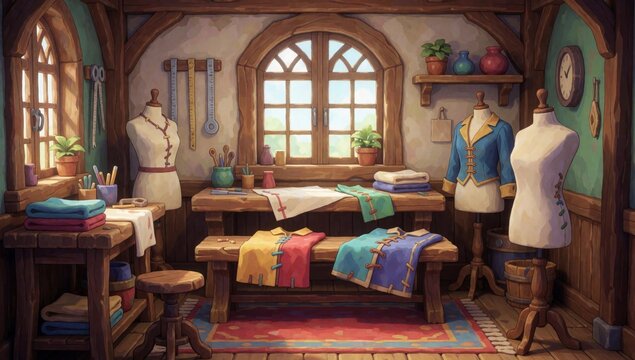 Digital illustration room rustic cozy atmosphere has large arched window wooden beams ceiling walls painted li