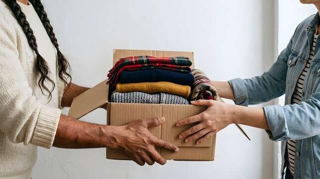 Two women holding a cardboard box filled with folded clothes indoors