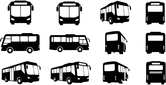 Black bus icon set vector illustration collection silhouette design showing front, side, and rear views for transportation graphics.   