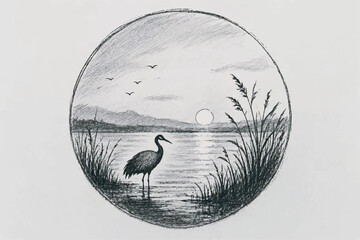 Fototapeta premium Pencil Drawing Illustration of a Majestic Crane Standing in a Peaceful Lakeside Sunset Landscape Circular Composition