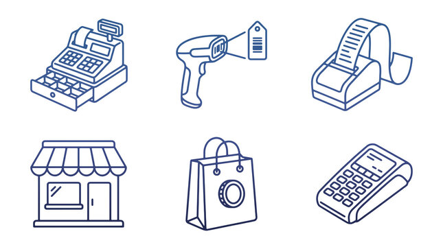 Vector set of blue line icons for retail point of sale: cash register, barcode scanner, receipt printer, store front, shopping bag, and EDC terminal on white background.