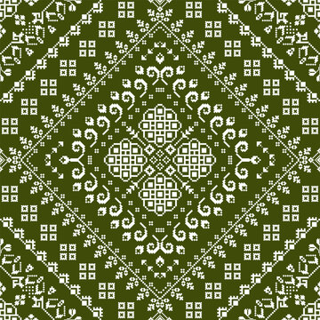 Seamless geometric textile pattern with a central floral medallion, diamond framing, intricate pixel motifs, and symmetrical ornamental details in white on a dark olive green background.