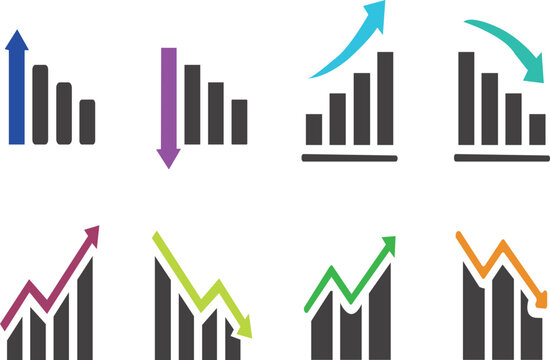 Colorful business bar chart set with growth and decline trend arrows vector illustration