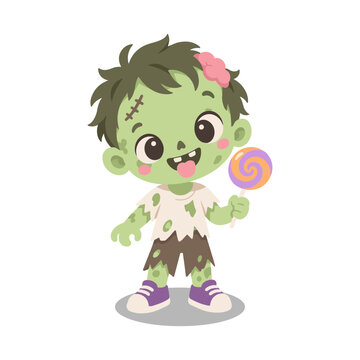 Cute Green Zombie with Lollipop Halloween Kawaii Cartoon Illustration