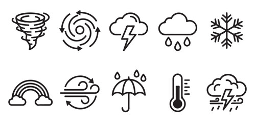 Obraz premium Weather icons featuring storms and rainbows are displayed as a simple set of black outline line shapes.