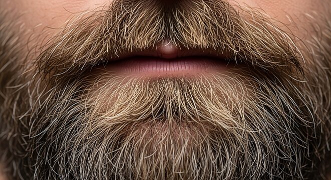 Close-up of a man's textured beard and lips, natural lighting