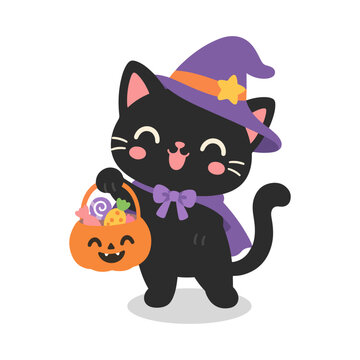 Cute Black Cat Holding Bucket of Candy Halloween Kawaii Cartoon Illustration
