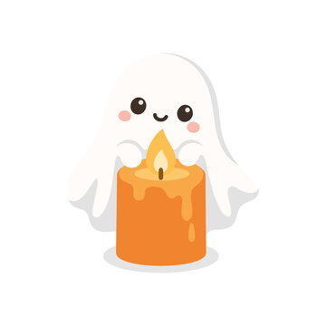 Cute Ghost Peeking Over Candle Halloween Kawaii Cartoon Illustration