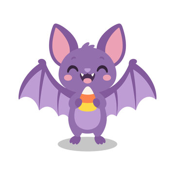 Cute Purple Bat Holding Candy Corn Halloween Kawaii Cartoon Illustration