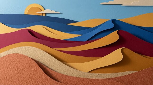 Paper cut desert landscape with colorful layered sand dunes under a bright stylized sun and blue sky