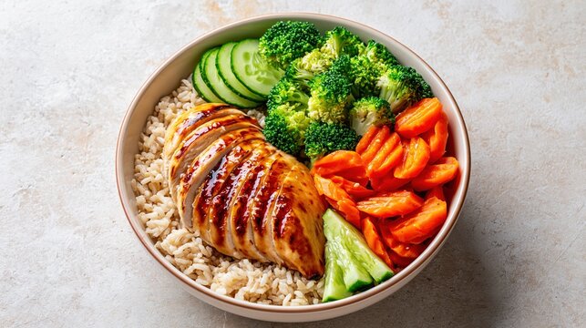 Healthy chicken breast bowl with rice and vegetables