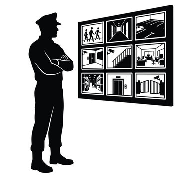 Security guard observes multiple surveillance camera feeds on a monitor wall.