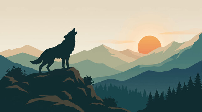 Majestic wolf howling on a rocky cliff with beautiful mountain range and sun background vector illustration