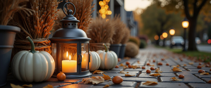 Autumn porch decor white pumpkins tin lanterns sustainable Thanksgiving Halloween blog website design