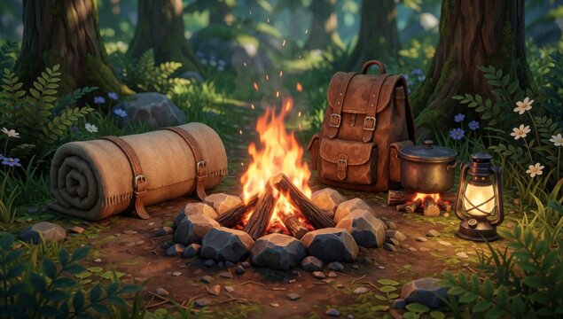 Camping forest there campfire burning center surrounded rocks pebbles left side fire rolled-up beige blanket b