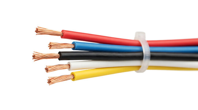 Close-up of multi-colored electrical wires bound by a clear plastic zip tie