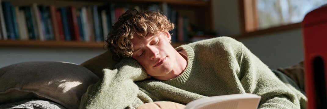 Young man relaxing on couch reading a book in a green sweater at home for cozy lifestyle background and banner design
