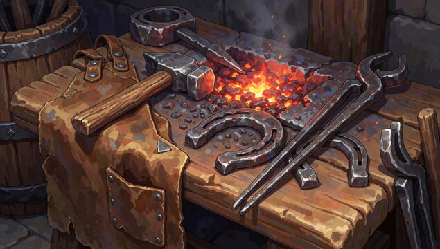 Blacksmith's workbench various tools left side bench there large hammer wooden handle metal head next several