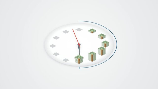 Isometric clock dial with gift packages representing delivery time management and fast parcel shipping service concept