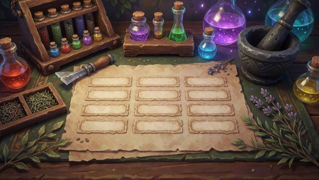 Illustration table various items left side there wooden box filled small bottles different colors including re