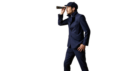 Obraz premium Man in dark blue vintage suit and cap looking through a spyglass isolated on transparent background PNG element
