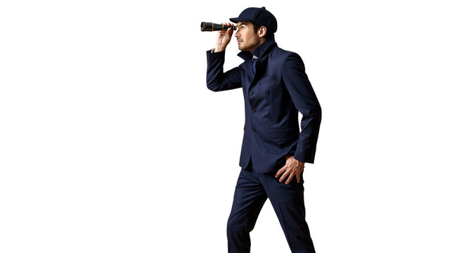 Man in dark blue vintage suit and cap looking through a spyglass isolated on transparent background PNG element