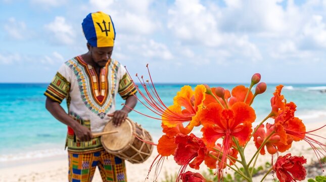 Barbadian Drummer Playing Traditional Drum on Tropical Beach With Bright Poinciana Flower