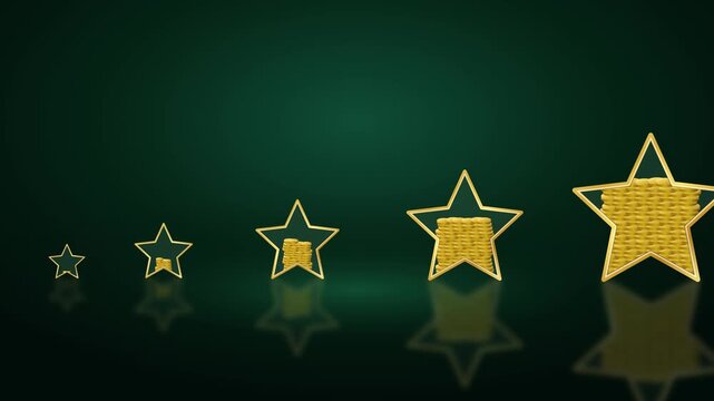 Five golden star outlines filling up progressively with coins from small to large on a dark green background representing growth, ranking, and success