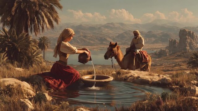 Old Testament Scene Of Rebekah Showing Kindness By Giving Water To Abraham's Servant And His Camels