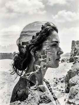 Woman With Ancient Ruins in Desert Landscape