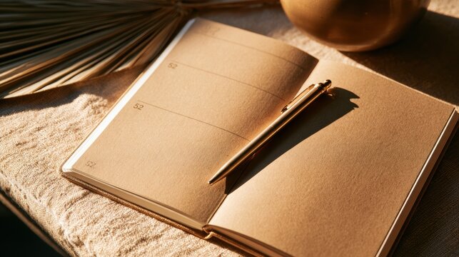 An open journal shows the number 52 on a weekly planner page with a gold pen beside it on textured paper.