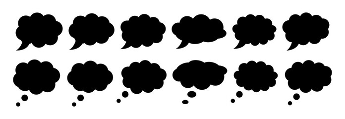 Obraz premium Various black thought bubble icons on transparent background vector illustration graphic design elements set for thinking mind idea cloud conversation text frames flat UI web design components.