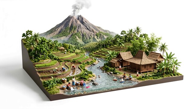 Detailed 3D Miniature Diorama of Indonesian Rural Village with Smoking Volcano and Rice Terraces