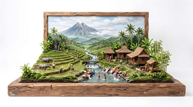 Detailed miniature diorama of a traditional Indonesian rural village with rice terraces and volcano