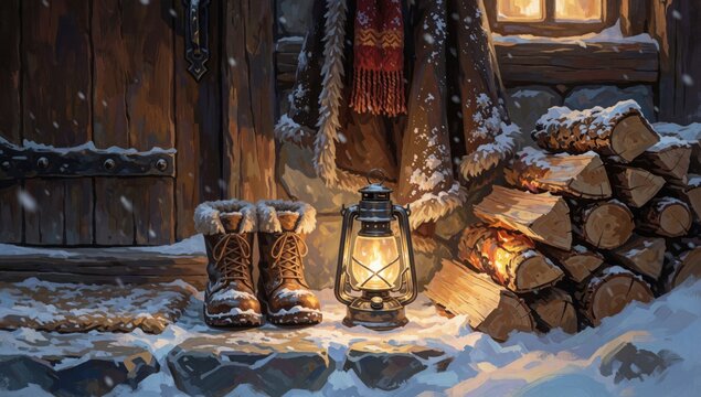 Digital illustration cozy winter background wooden cabin window door covered snow there pile firewood right si