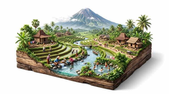 Miniature 3D Diorama of Traditional Indonesian Rural Village with Rice Terraces and Volcano Peaks