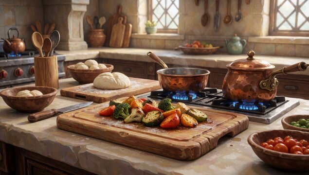 Kitchen countertop variety cooking utensils ingredients left side there large copper pot lid handle right wood