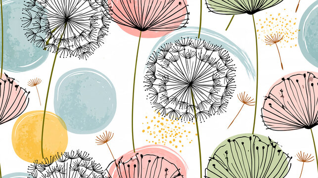 Seamless pattern of beautiful hand-drawn dandelions