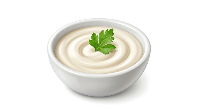 Creamy Sour Cream Sauce in a White Ceramic Bowl with Fresh Parsley Garnish