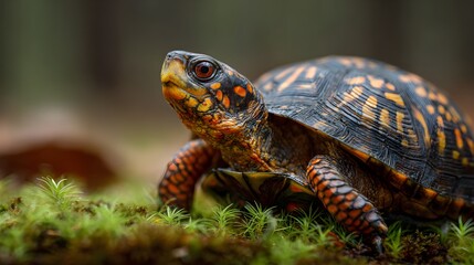 Obraz premium Eastern box turtle resting on green moss in a forest