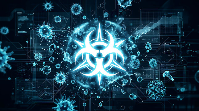 Digital illustration depicting the biological threat of viruses and pathogens within a futuristic technological context