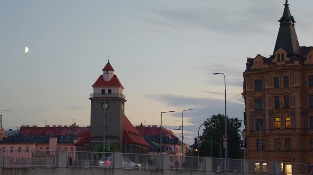 View of the historic clock tower and traditional architecture in Olomouc, Olomouc Region, Czechia.