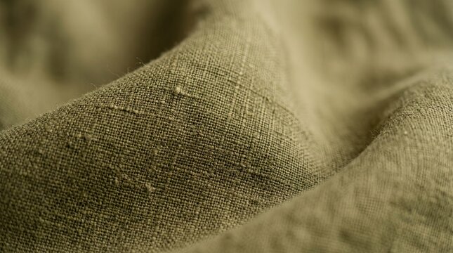 Olive green linen fabric closeup showing woven texture, threads, and natural folds