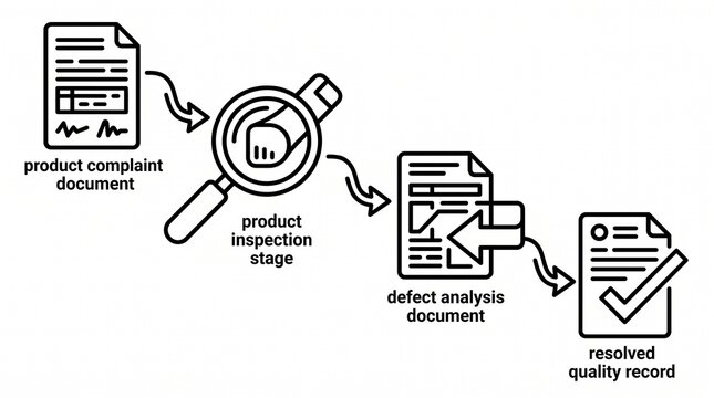 Product Quality Complaint Workflow Line Illustration. Enterprise Product Defect Report and Quality Investigation Process Outline Vector Isolated on White Background