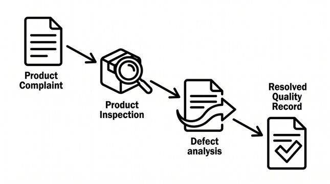 Product Quality Complaint Workflow Line Illustration. Enterprise Product Defect Report and Quality Investigation Process Outline Vector Isolated on White Background