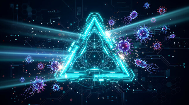 Futuristic digital representation of a triangular symbol with glowing neon effects amidst microscopic viruses and pathogens in a