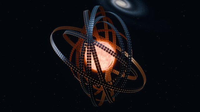 Cinematic 3D animation of a Dyson sphere collector swarm rotating around a luminous star. Seamless 20-second loop.