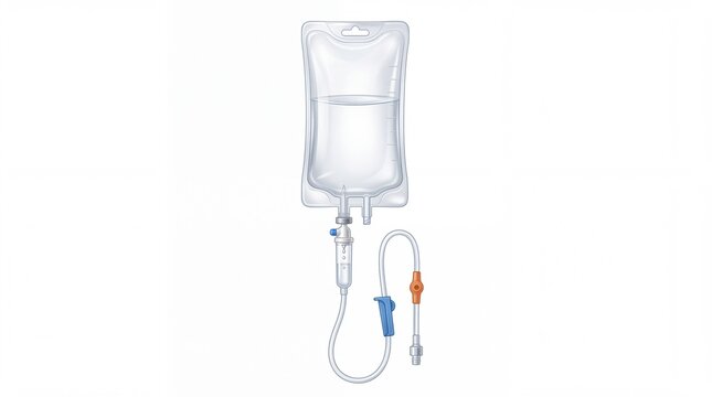 Medical intravenous drip bag filled with saline solution featuring clear plastic tubing on white background