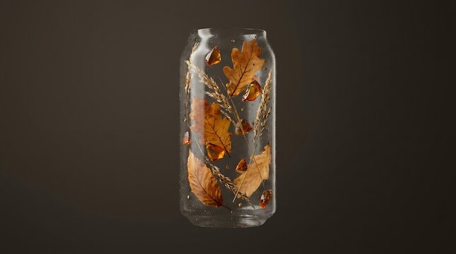 Autumn leaves and wheat stalks floating inside a glass jar on dark background