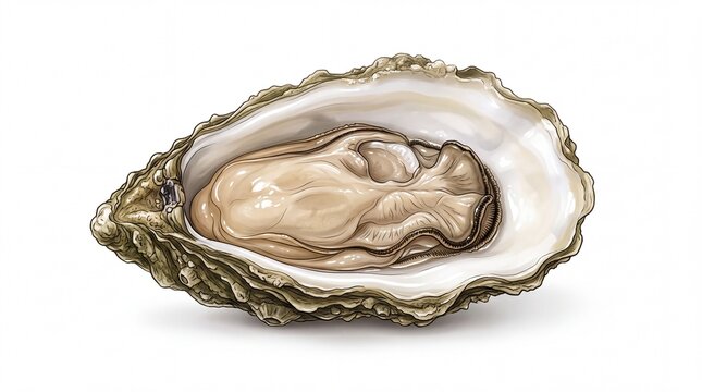 Detailed illustration of single fresh open oyster featuring realistic textures and brown colors on white background